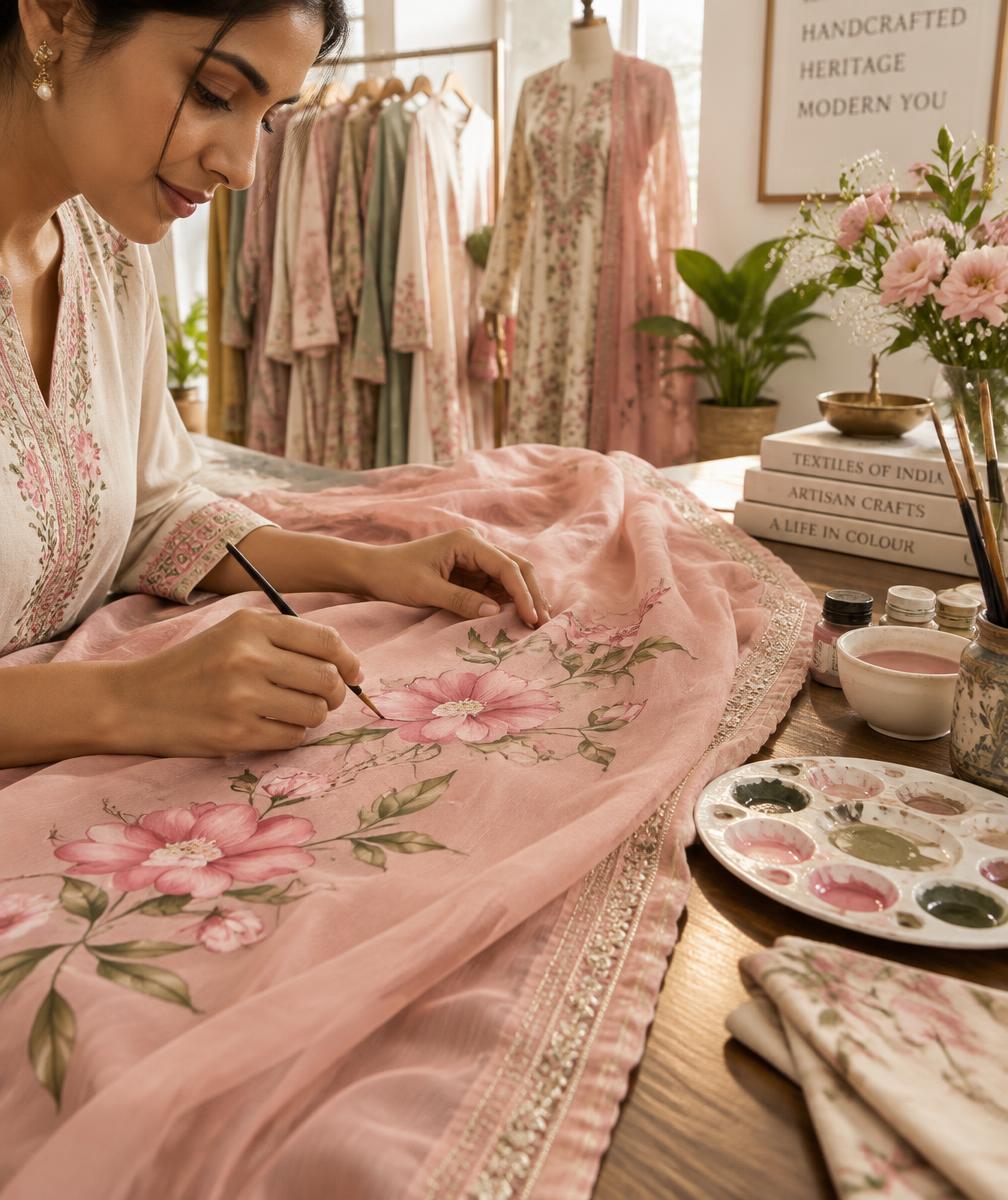 Hand-painted blush dupatta with rose motifs